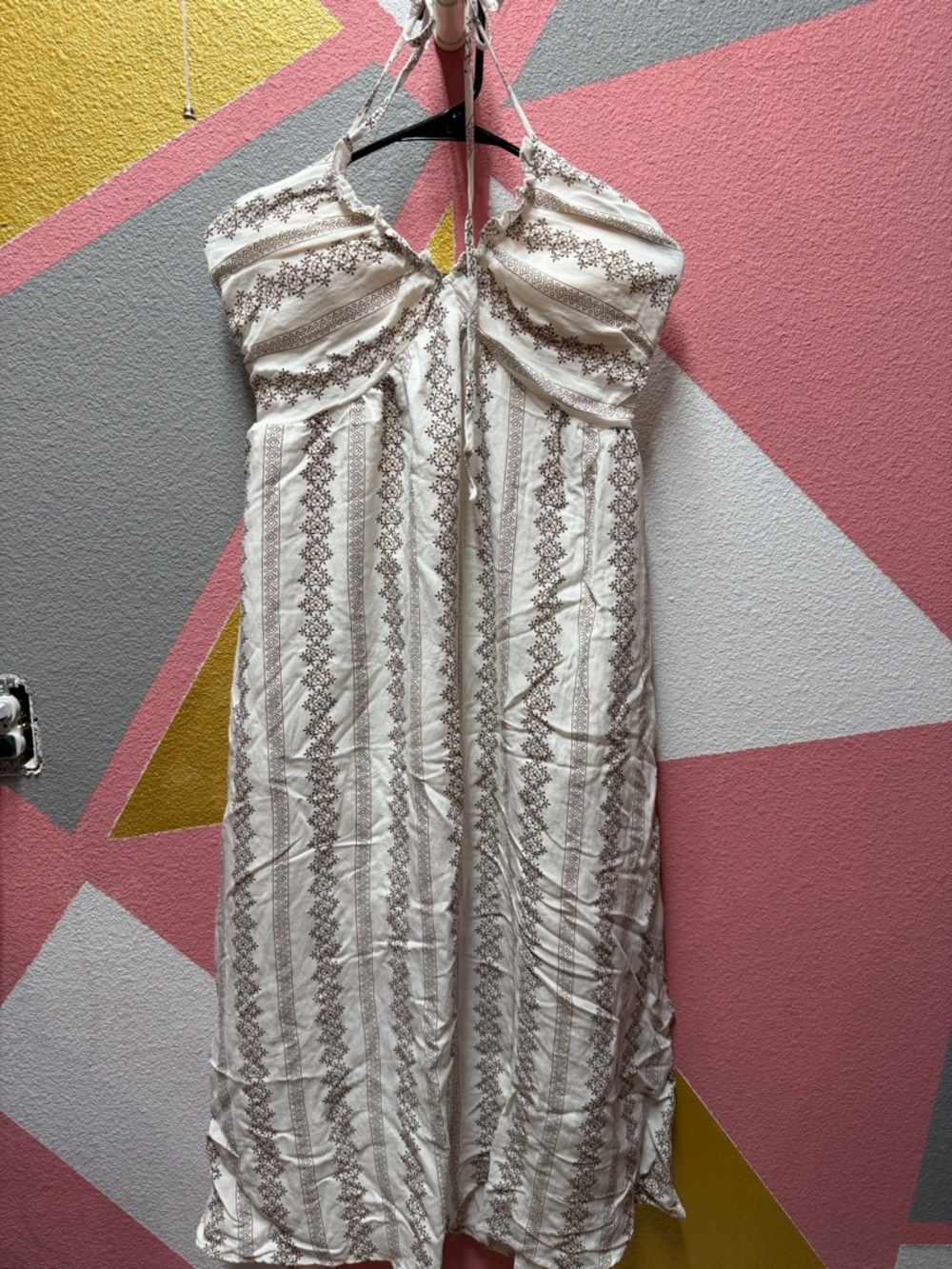Pink Lily Cream Maxi Dress with Brown Stripe Embroidery